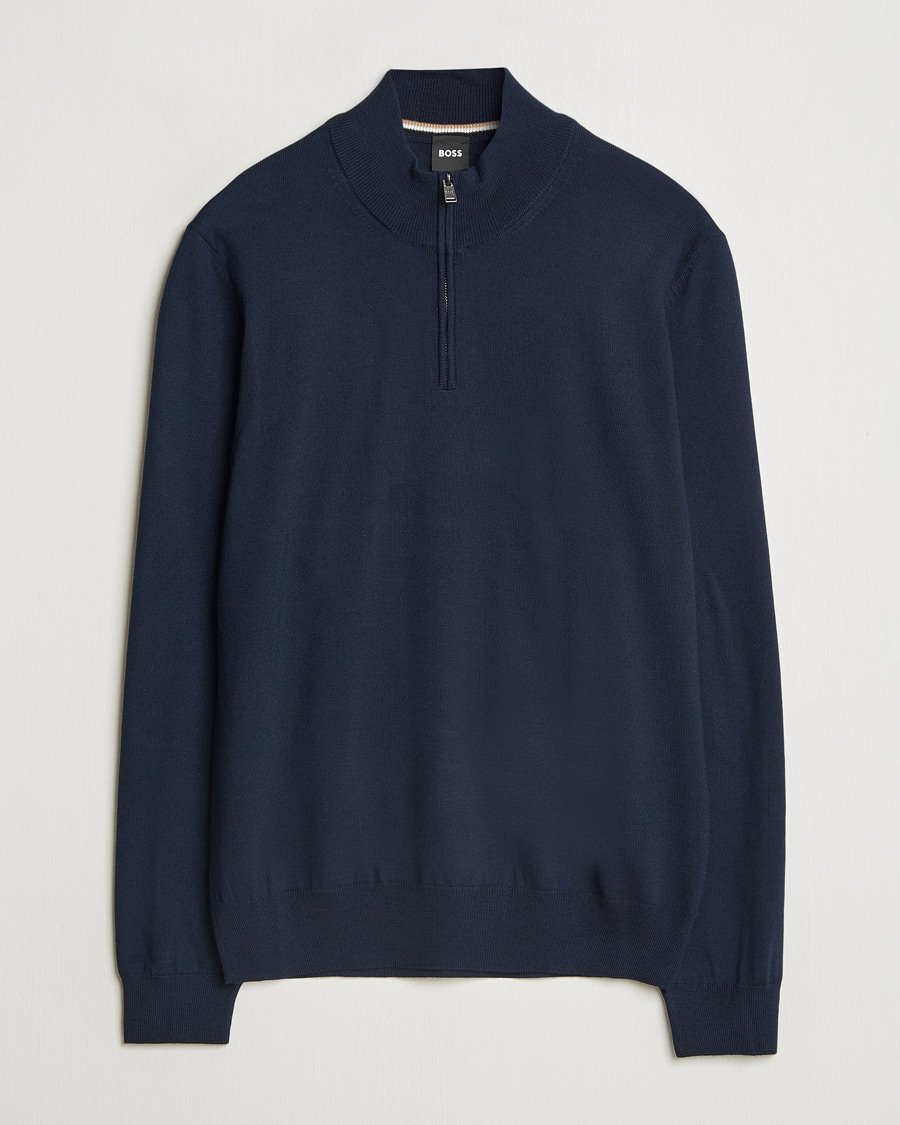 BOSS BLACK Ebenji Merino Knitted Half Zip Dark Blue – Blå