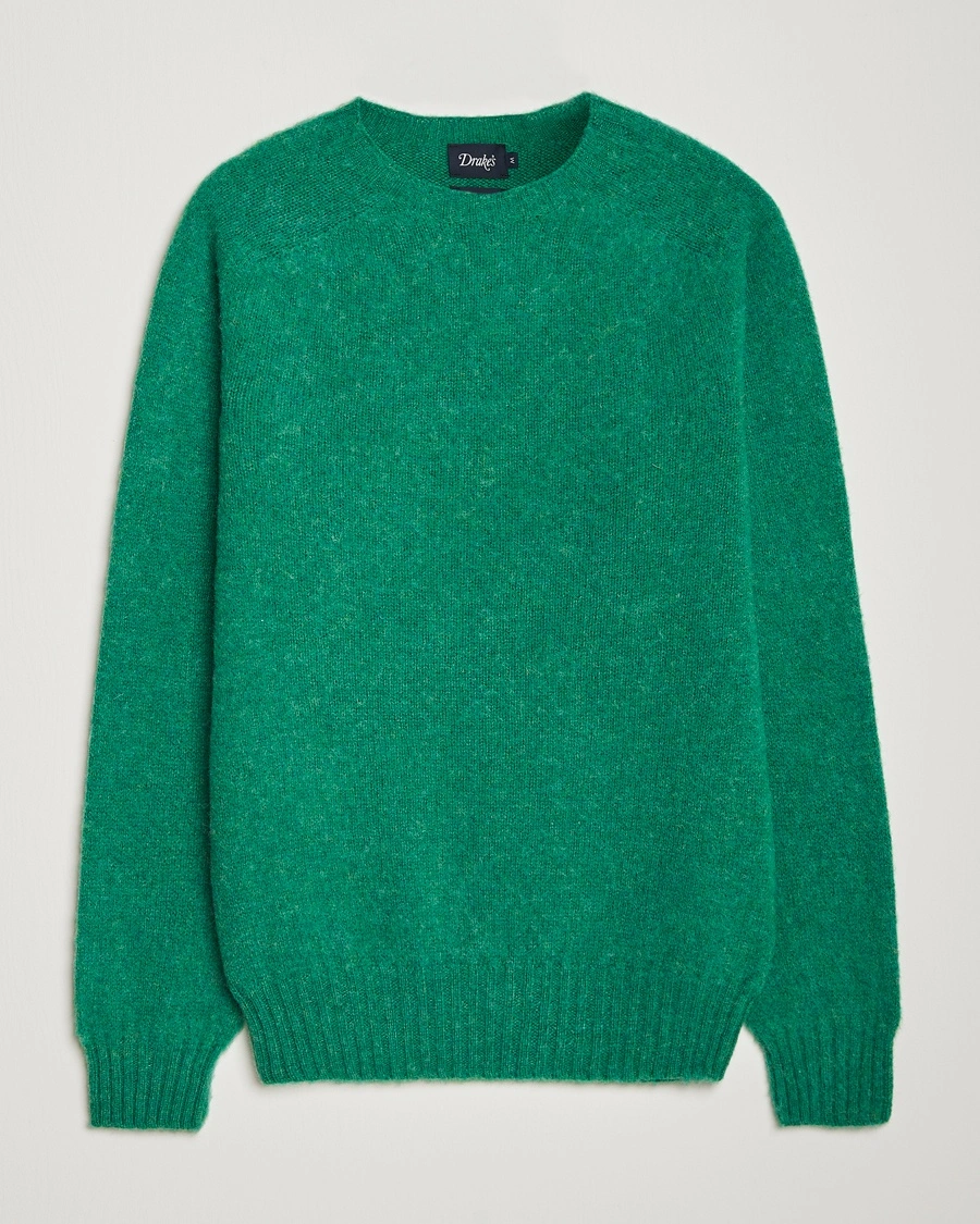 Drake's Brushed Shetland Crew Green – Grön