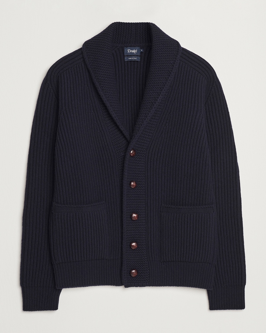 Drake's Lambswool 6-Ply Shawl Collar Cardigan Navy