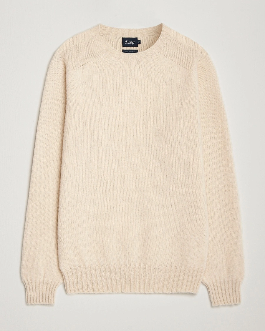 Drake's Brushed Shetland Crew Ecru – Vit