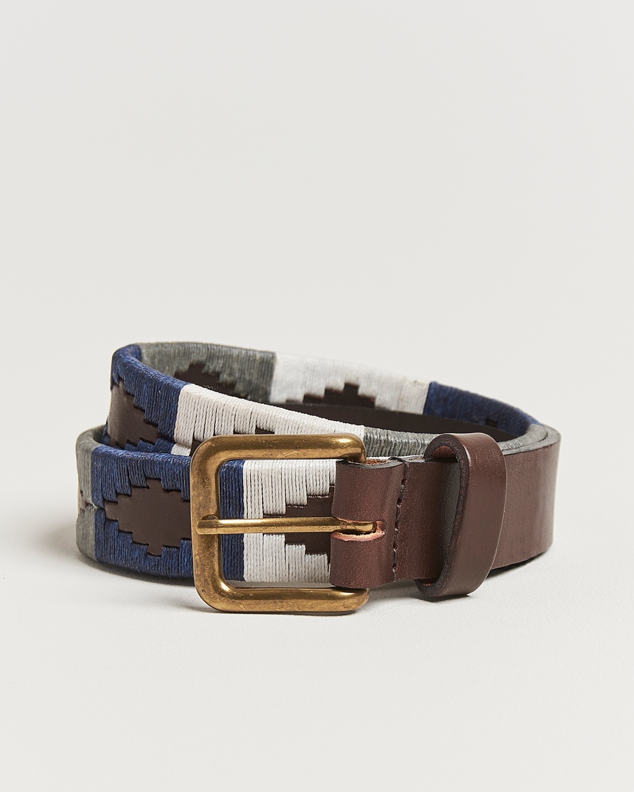 Pampeano Roca Hand Stitched Classic Leather Belt 3,5cm Blue/Grey/White – Blå
