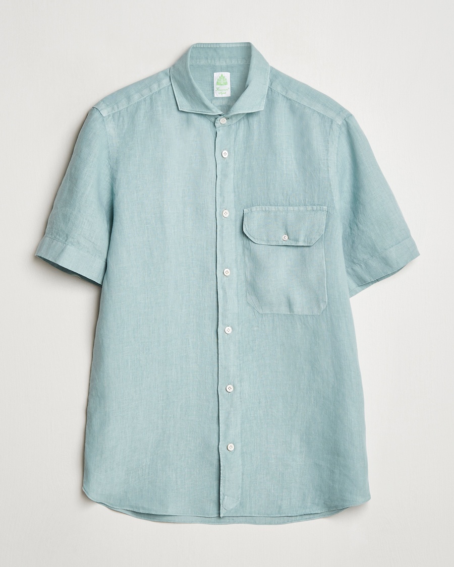 Herr | Kortärmade skjortor | Finamore Napoli | Linen Short Sleeve Sport Shirt Teal