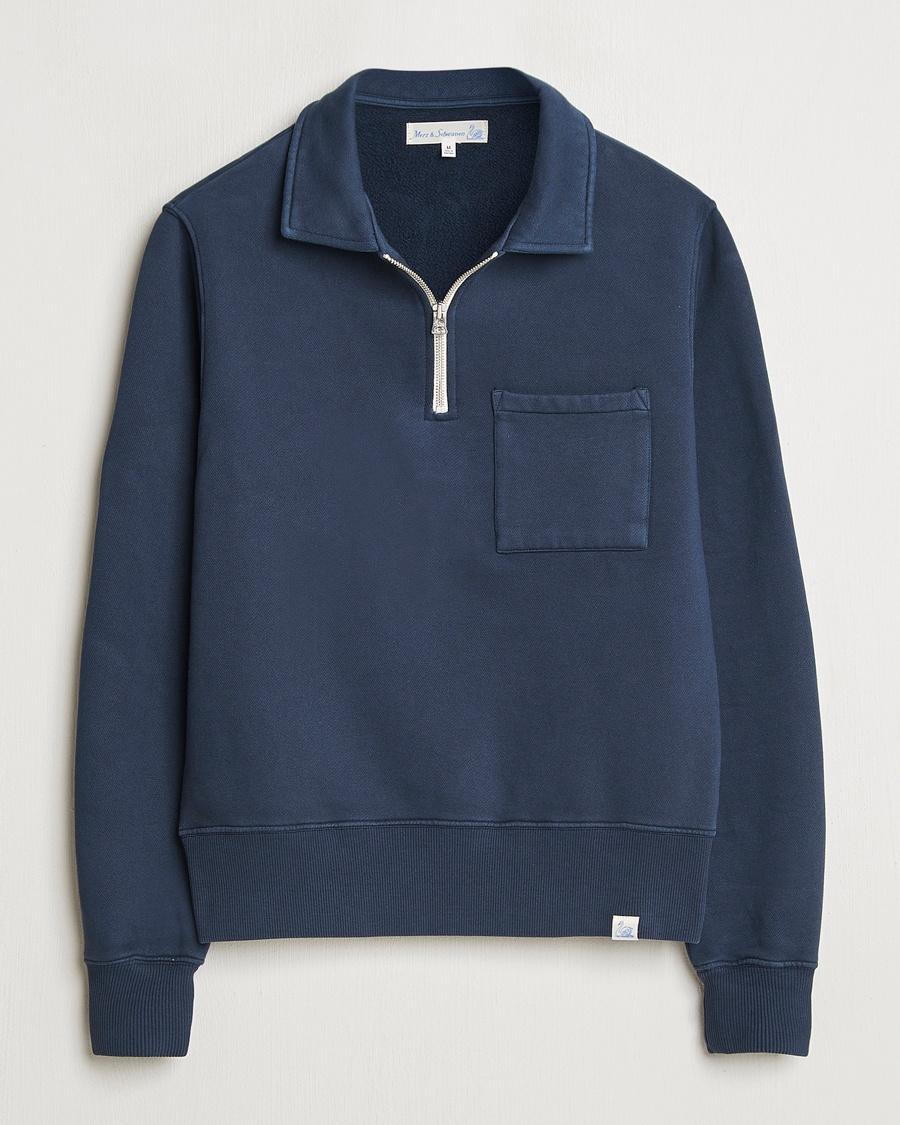 Herr | Half-zip | Merz b. Schwanen | Relaxed Fit Vintage Fleece Half Zip Sweat Denim Blue