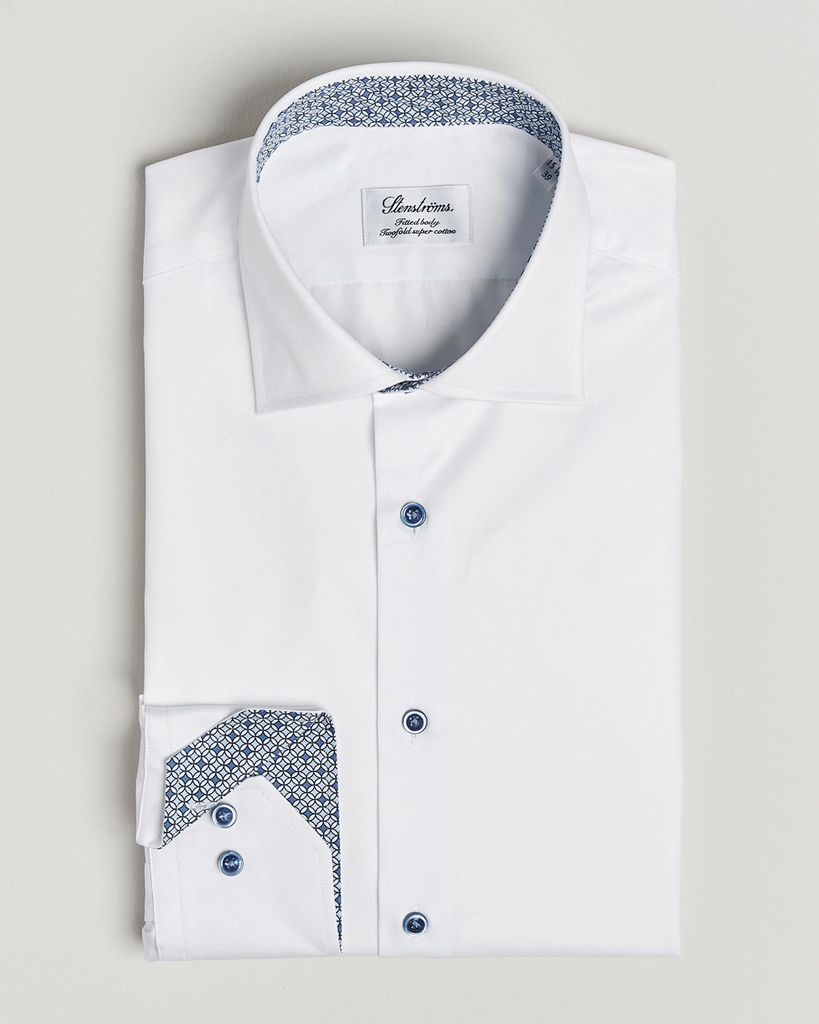 Herr | | Stenströms | Fitted Body Contrast Cotton Twill Shirt White