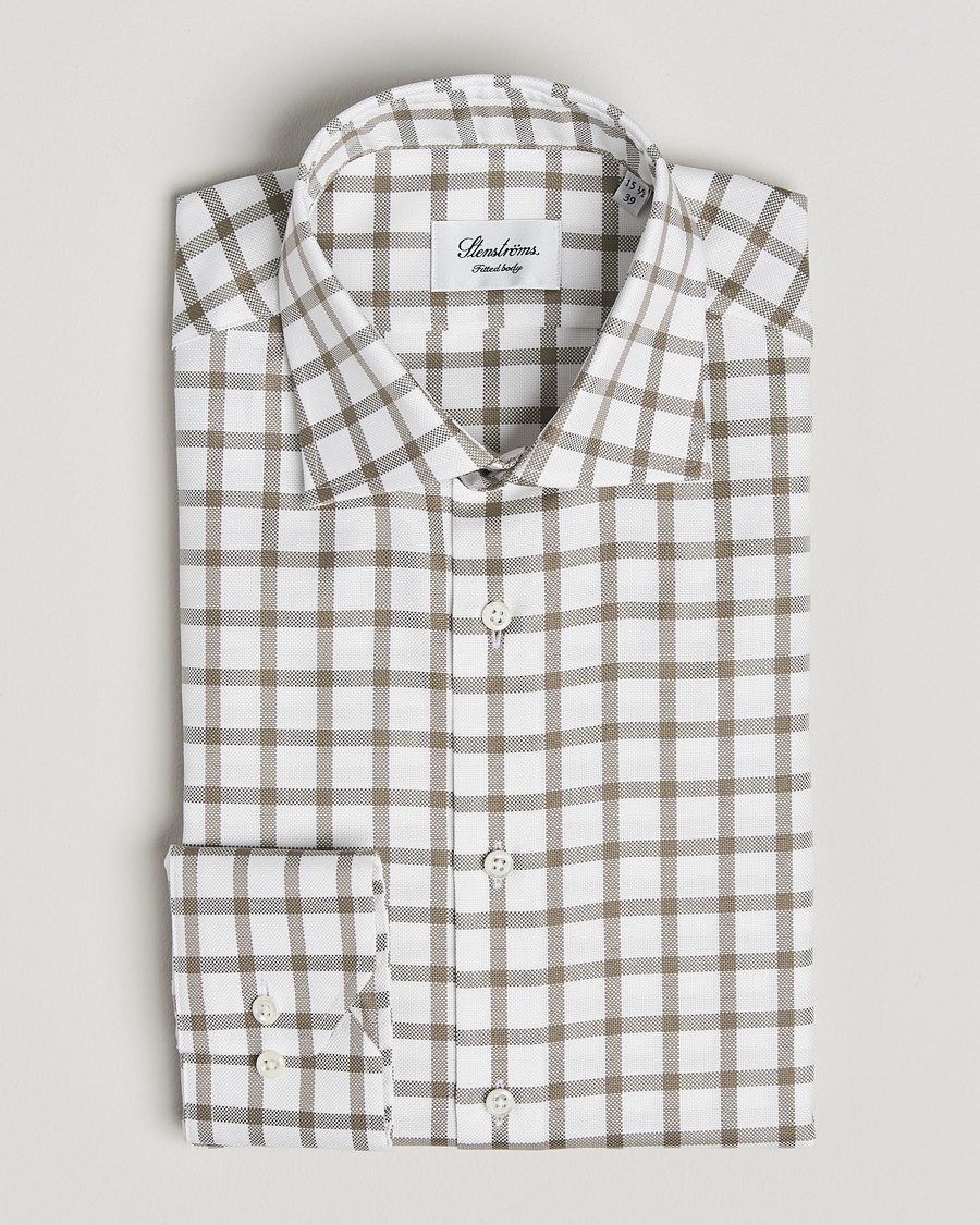 Herr | | Stenströms | Fitted Body Checked Cut Away Shirt Taupe/White
