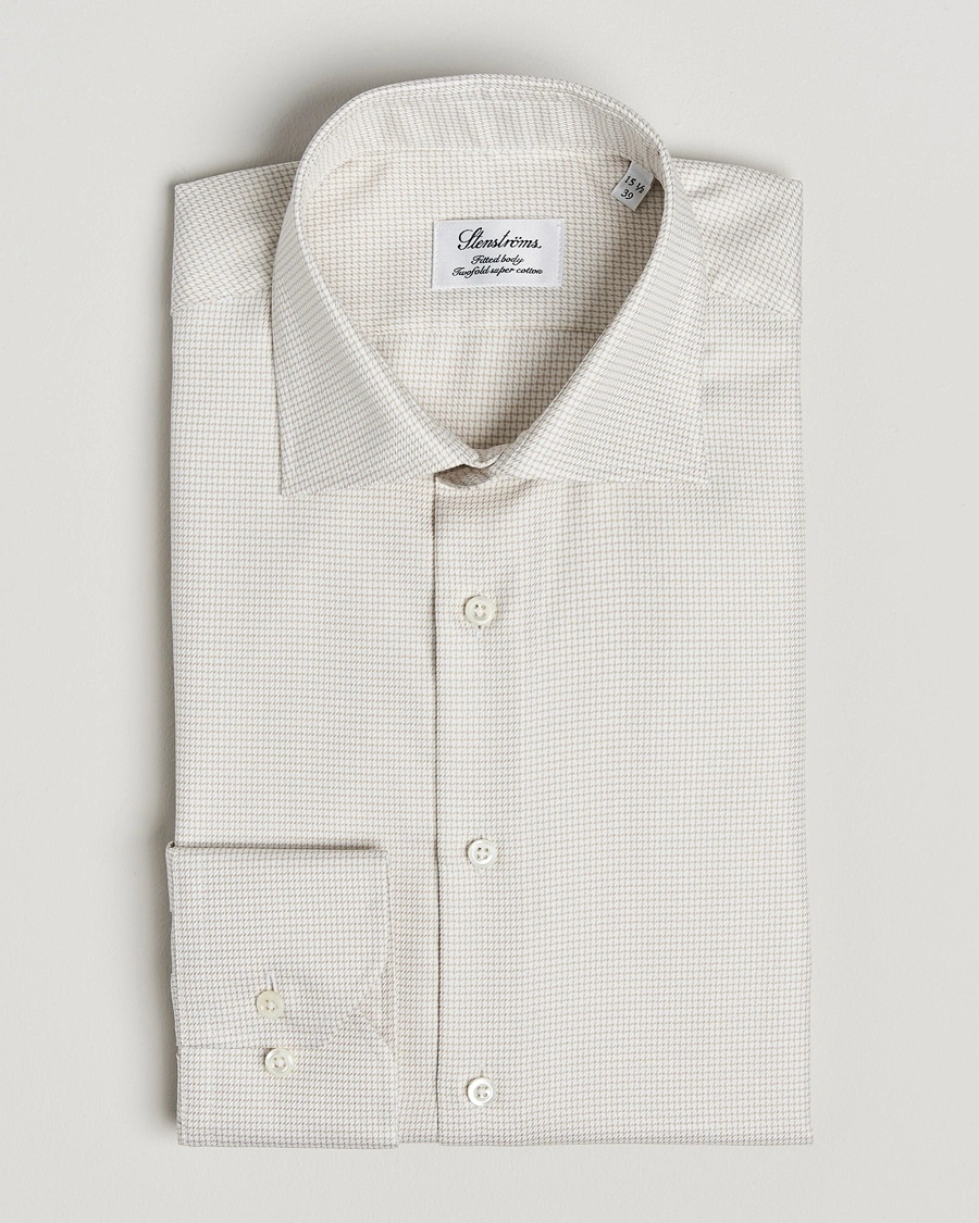Herr | | Stenströms | Fitted Body Small Houndstooth Shirt Beige