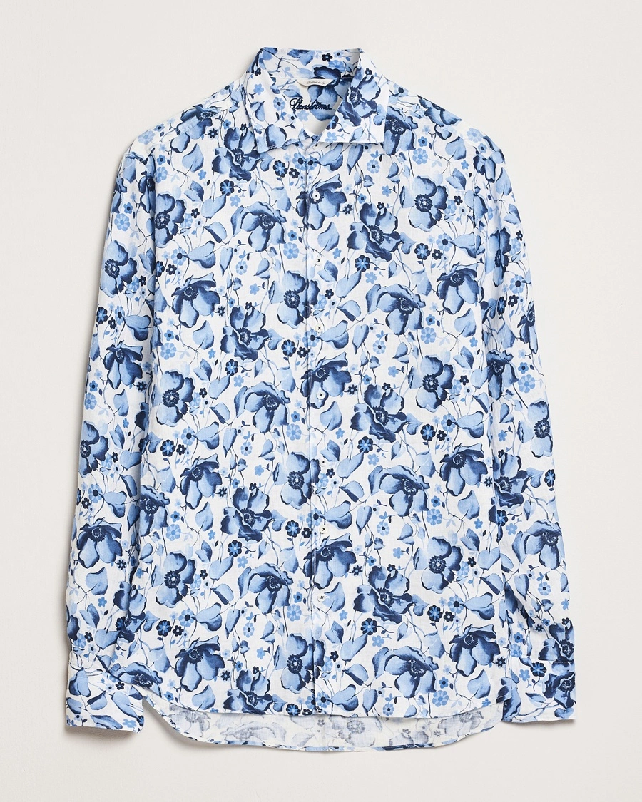 Herr | Casual | Stenströms | Fitted Body Flower Printed Linen Shirt Blue