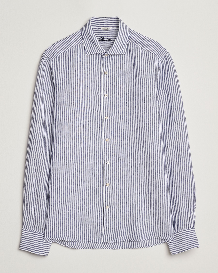 Herr | Linneskjortor | Stenströms | Slimline Cut Away Striped Linen Shirt Dark Blue