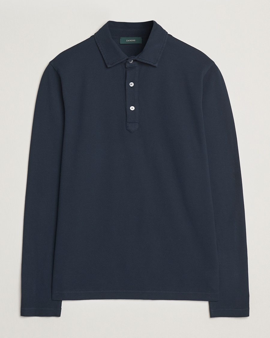 Herr | Slowear | Zanone | Soft Cotton Piquet Long Sleeve Polo Navy