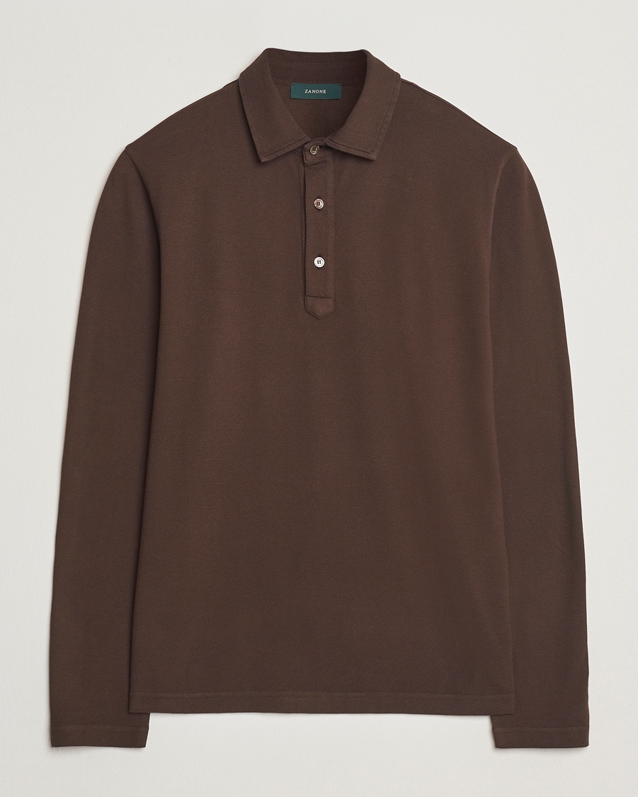 Herr | Pikéer | Zanone | Soft Cotton Piquet Long Sleeve Polo Dark Brown