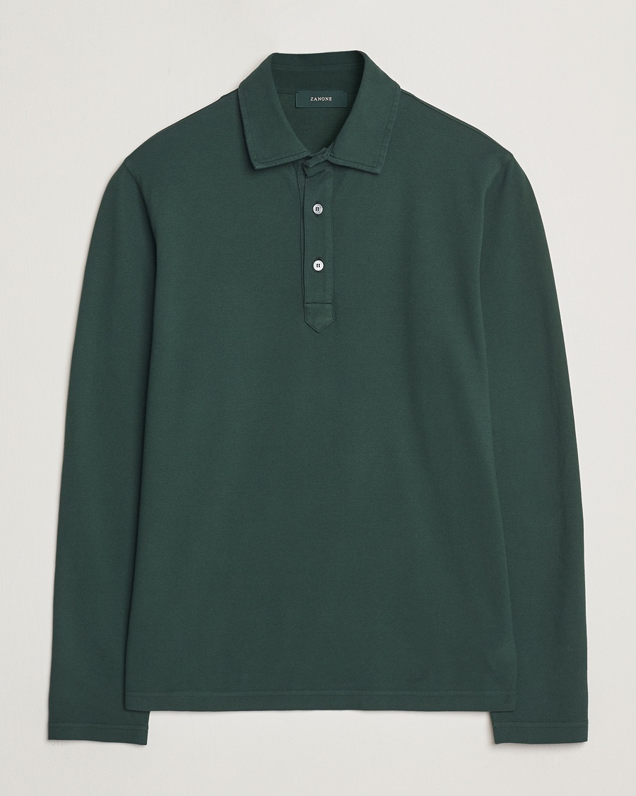 Herr | Tillfälligt säsongserbjudande | Zanone | Soft Cotton Piquet Long Sleeve Polo Dark Green