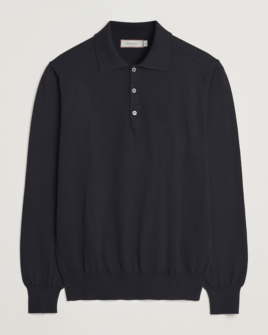 Herr | Stickade pikéer | Canali | Cotton Long Sleeve Polo Black