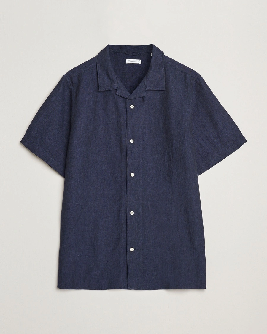 KnowledgeCotton Apparel Short Sleeve Linen Resort Shirt Total Eclipse – Blå
