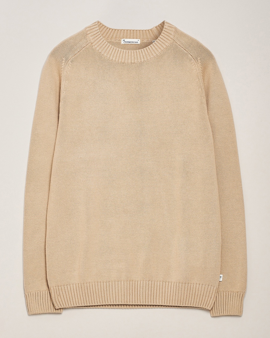 Herr | Stickade tröjor | KnowledgeCotton Apparel | Plain Knitted Cotton Crew Light Feather Grey