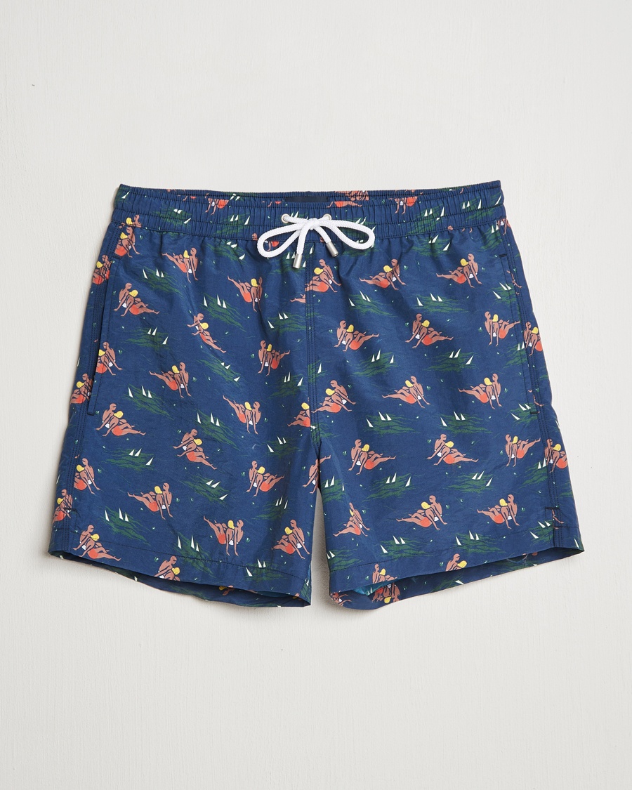 Herr | Snörade Badbyxor | Drake's | Bathers Print Drawstring Swimshorts Navy