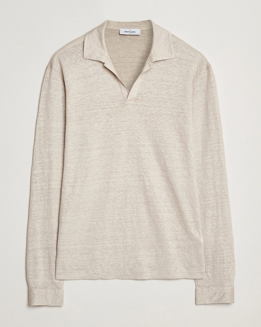 Herr | Långärmade pikéer | Gran Sasso | Washed Linen Long Sleeve Polo Beige Melange