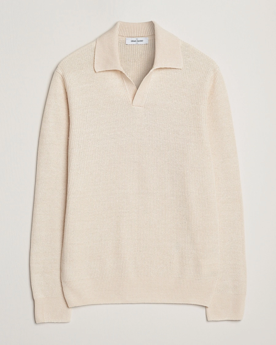 Herr | | Gran Sasso | Linen/Cotton Open Collar Knitted Polo Cream