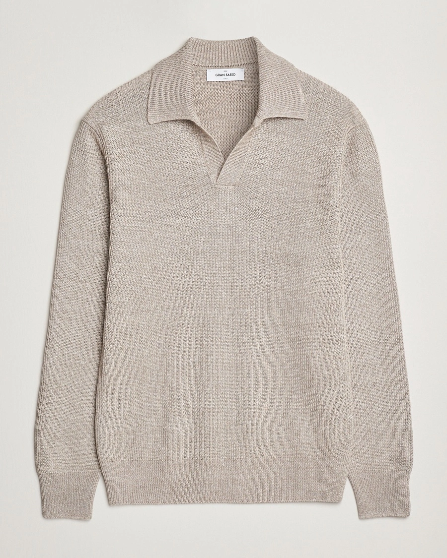 Herr | Stickade pikéer | Gran Sasso | Linen/Cotton Open Collar Knitted Polo Beige Melange