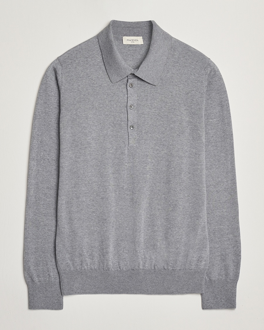 Herr | Stickade pikéer | Piacenza Cashmere | Merino Wool Long Sleeve Polo Light Grey