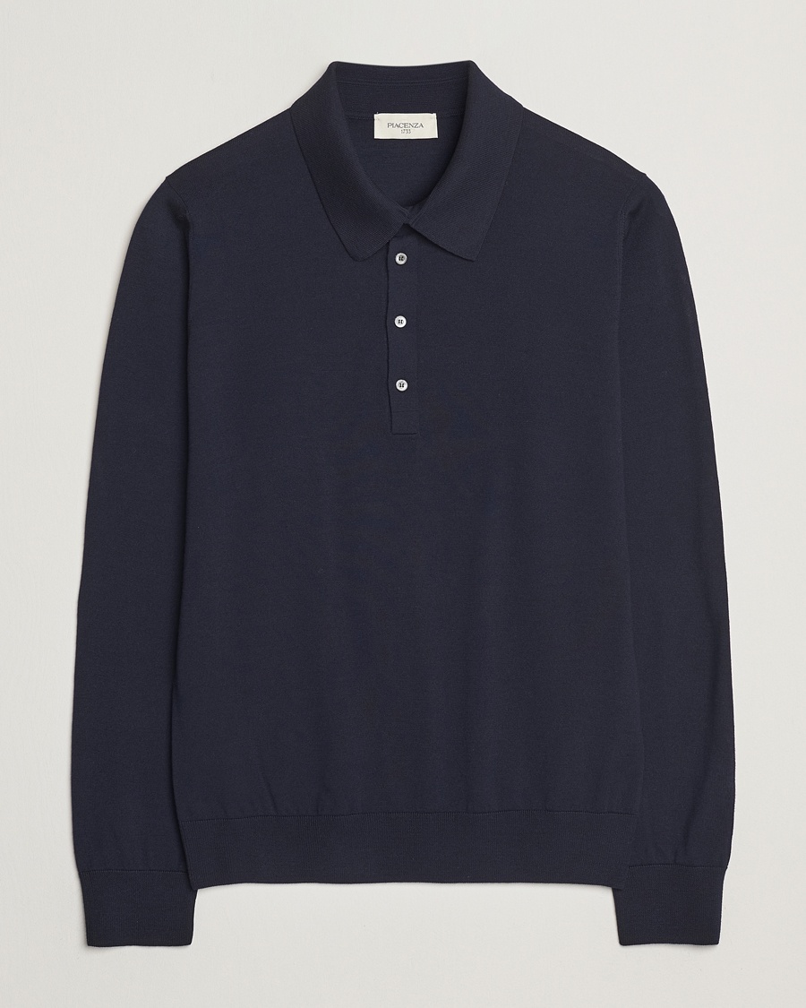 Herr | Stickade pikéer | Piacenza Cashmere | Merino Wool Long Sleeve Polo Navy