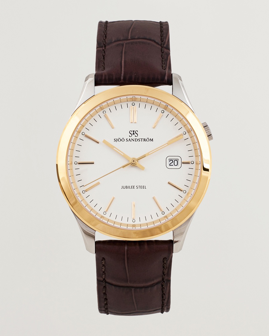 Herr | Läderarmband | Sjöö Sandström | Jubilee Steel Quartz 40mm Gold Bezel White/Brown Calf