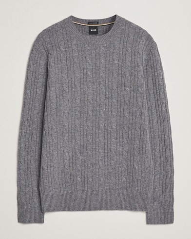 BOSS BLACK Hetico Wool/Cashmere Cable Sweater Medium Grey – Grå