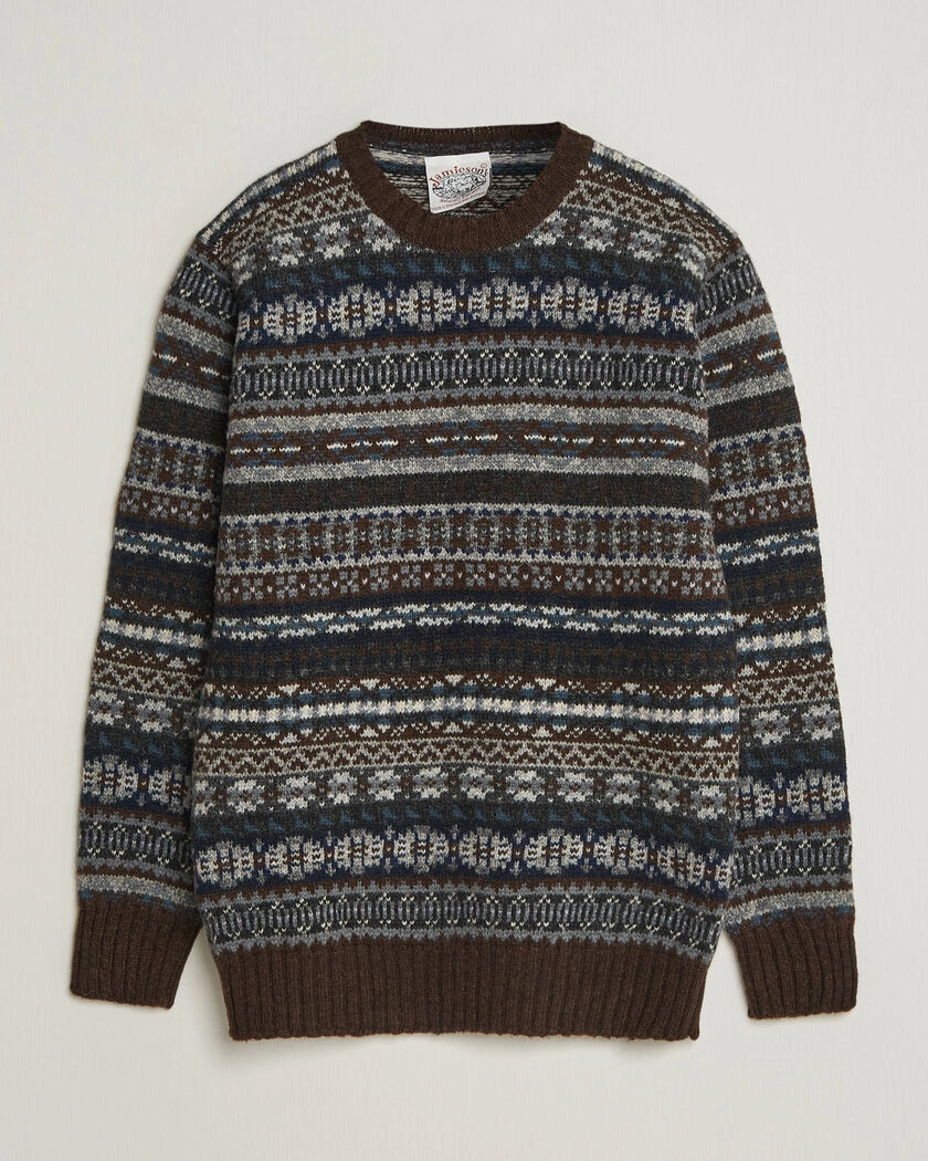 Jamieson's of Shetland Jamiesons Of Shetland All Over Fair Isle Pullover Crew Neck Brown – Brun