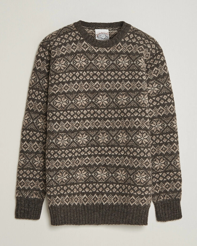 Jamieson's of Shetland Jamiesons Of Shetland All Over Fair Isle Pullover Crew Neck Grey – Grå