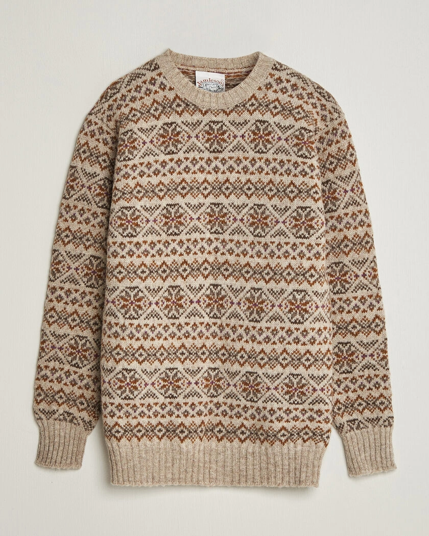 Jamieson's of Shetland Jamiesons Of Shetland All Over Fair Isle Pullover Crew Neck Natural – Beige