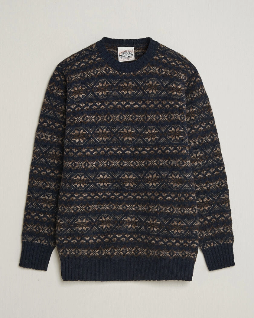 Jamieson's of Shetland Jamiesons Of Shetland All Over Fair Isle Pullover Crew Neck Navy – Blå