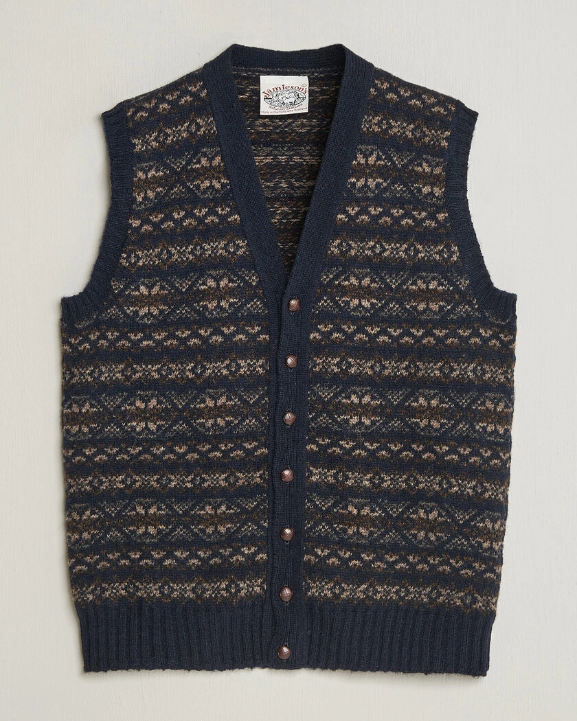 Jamieson's of Shetland Jamiesons Of Shetland All Over Fair Isle Waistcoat Navy – Blå