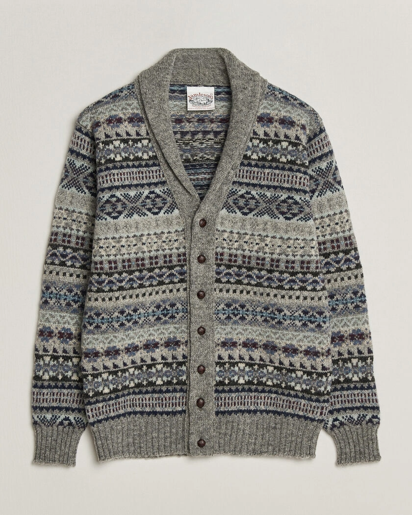 Jamieson's of Shetland Jamiesons Of Shetland All Over Fair Isle Shawl Collar Cardigan Grey – Grå