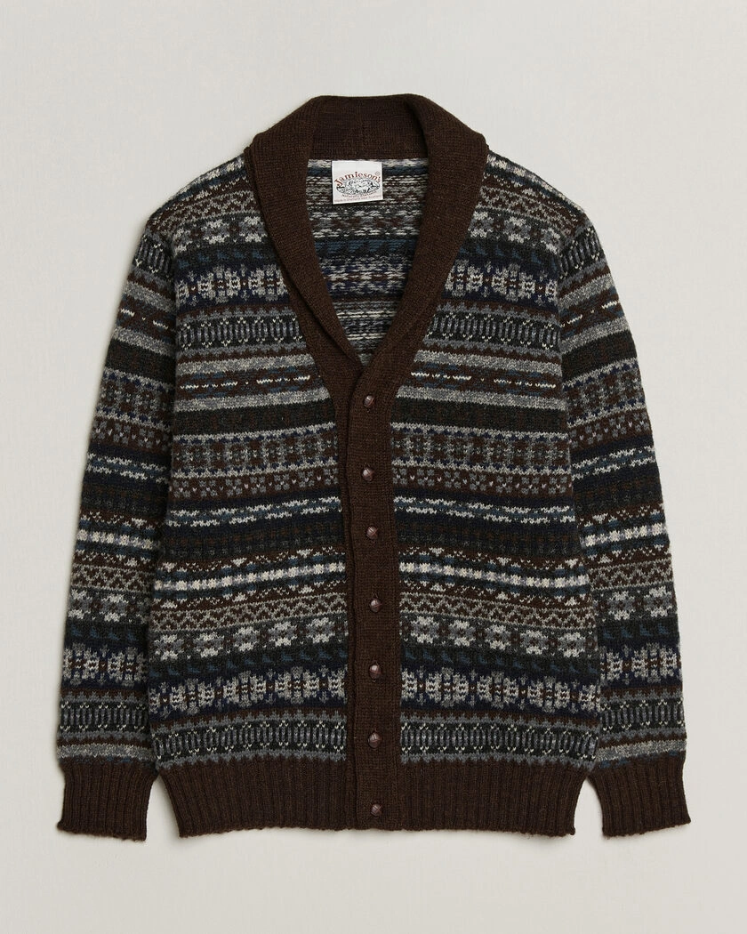 Jamieson's of Shetland Jamiesons Of Shetland All Over Fair Isle Shawl Collar Cardigan Brown – Brun