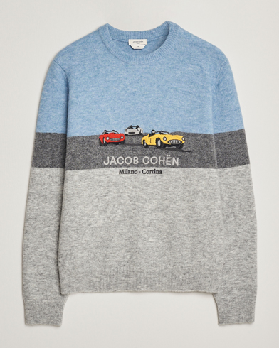 Herr | Jacob Cohën | Jacob Cohën Embroidery Knitted Milano-Cortina Crew Neck Grey/Blue
