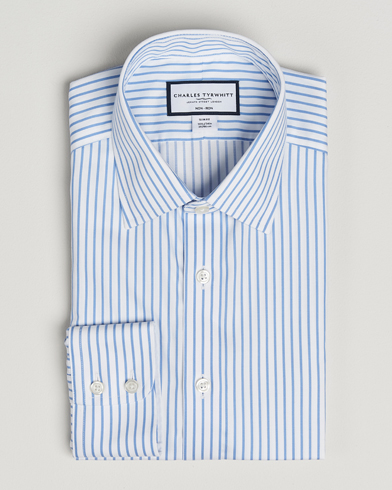 Charles Tyrwhitt Slim Fit Non Iron Striped Twill Cut Away Shirt White/Sky – Vit