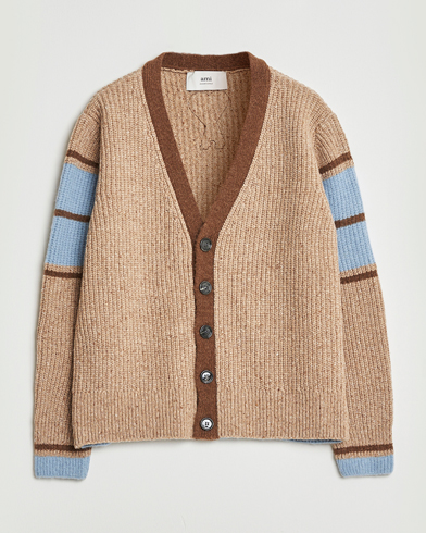 Herr | AMI | AMI Ribbed Wool Knitted Cardigan Camel