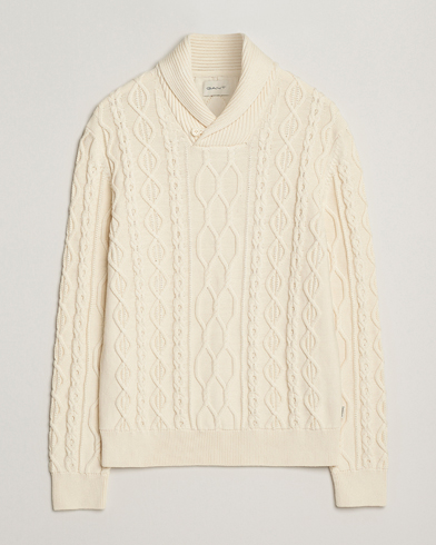 GANT Cable Shawl Collar Knitted Sweater Cream – Vit