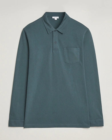 Sunspel Long Sleeve Riviera Polo Shirt Dark Petrol – Grön