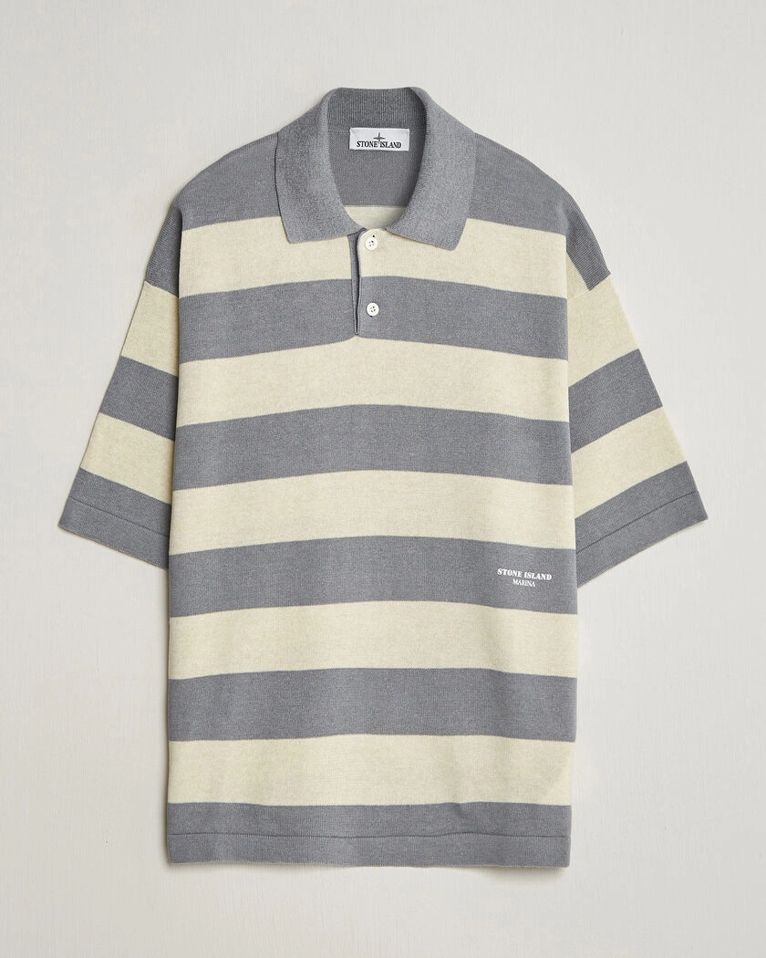 Stone Island Marina Knitted  Cotton/Linen Polo Ivory Melange – Vit