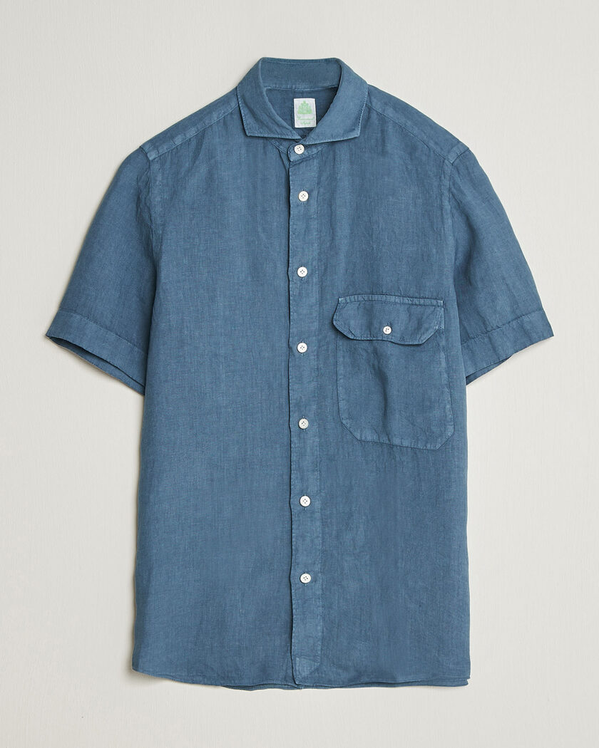 Finamore Napoli Linen Short Sleeve Sport Shirt Dark Blue – Blå