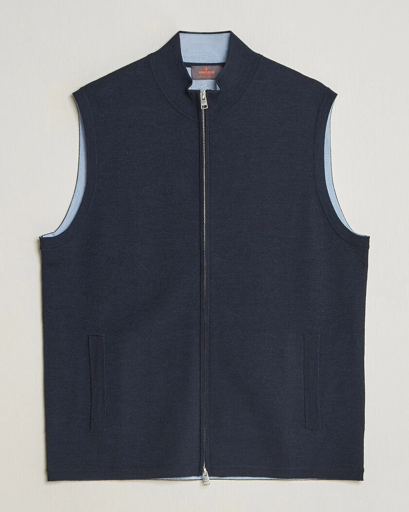 Morris Merino Double Zip Vest Navy – Blå