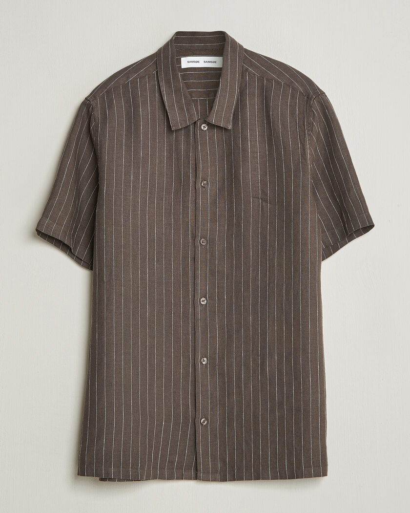Samsøe Samsøe Avan Linen Striped Short Sleeve Shirt Black Olive – Grön
