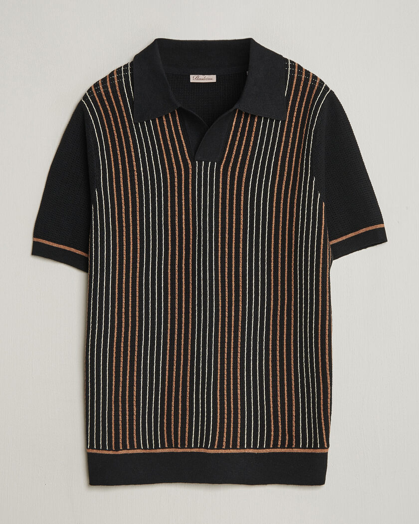 Stenströms Knitted Stripe Hemp/Cotton Polo Black – Svart