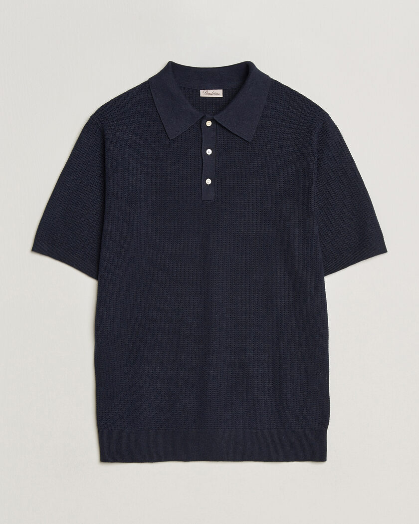 Stenströms Knitted Textured Cotton/Hemp Polo Navy – Blå