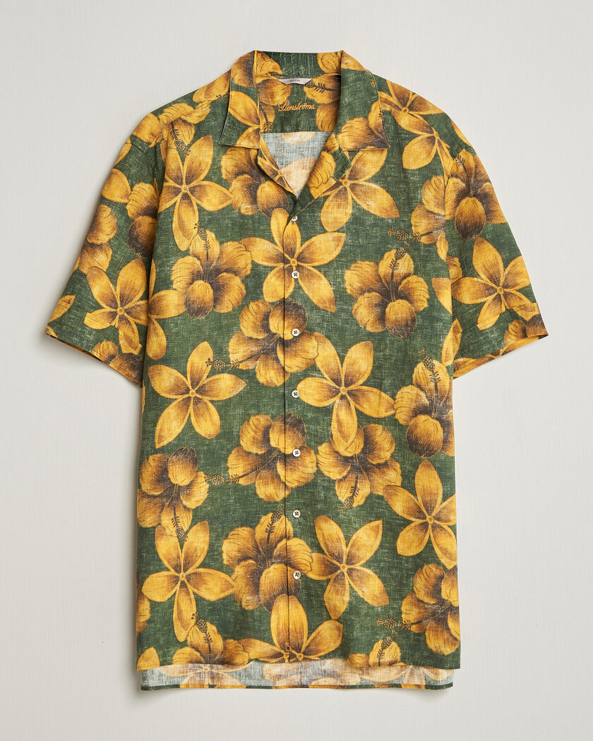 Stenströms Flower Printed Short Sleeve Linen Shirt Green – Grön