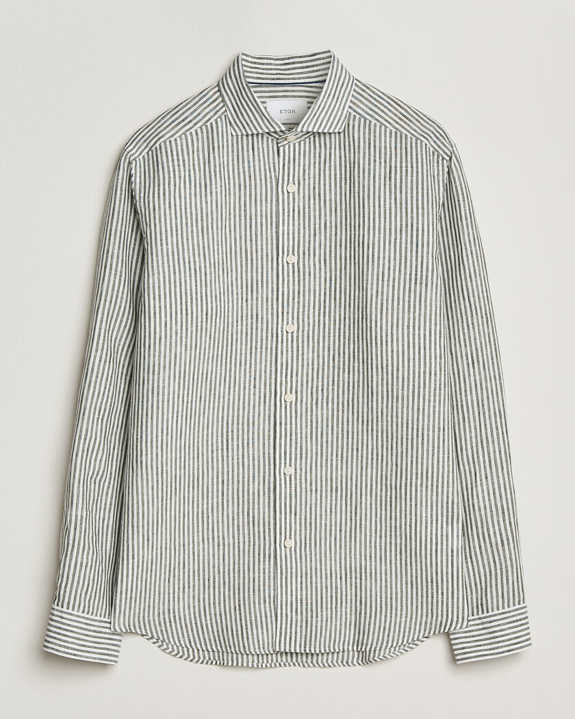Eton Casual Fit Striped Linen Shirt Dark Green – Grön