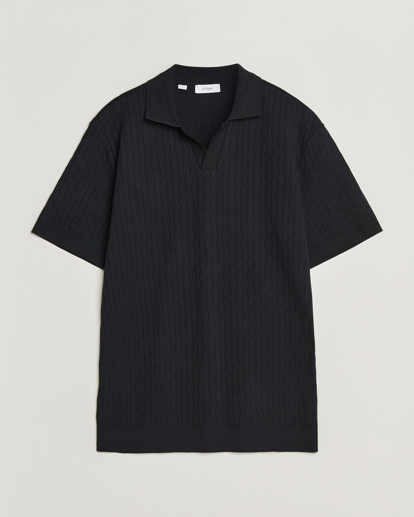 Eton Open Collar Jacquard Polo Black – Svart