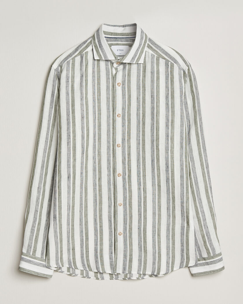 Eton Casual Fit Striped Linen Shirt Dark Green – Grön