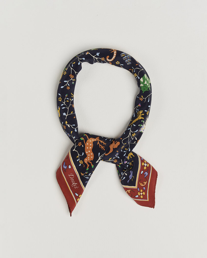 Drake's Animals And Flowers Print Crepe Silk Bandana Navy – Blå