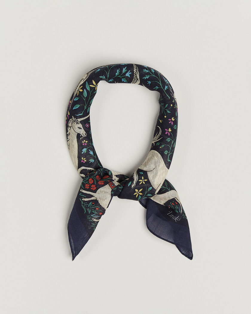 Drake's Unicorn Print Wool/Silk Bandana Navy – Blå